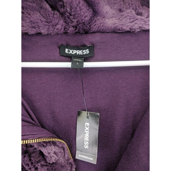 EXPRESS Faux Fur Hooded Deep Purple Teddy Jacket Sz Small w/ Gold Accents - Picture 8 of 14